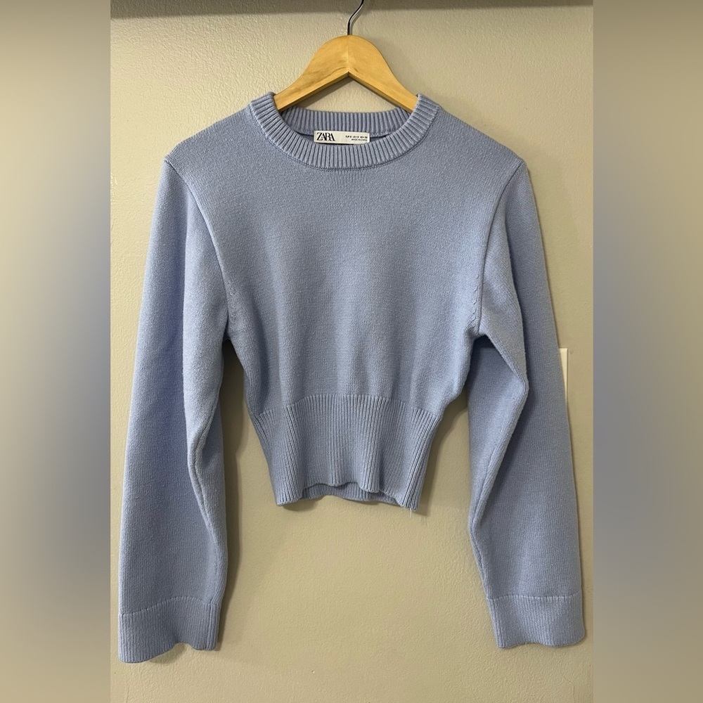 Zara Periwinkle Blue Cropped Knit Sweater Wide Sleeve Rib Waist Size Small